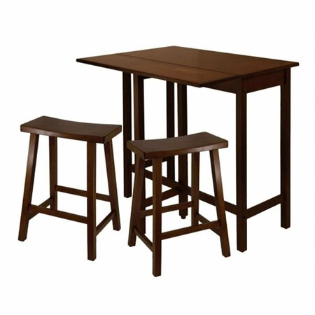 WINSOME TRADING Lynnwood 3pc High Drop Leaf Table with 24 in. Saddle Seat Stool - Antique Walnut 94384